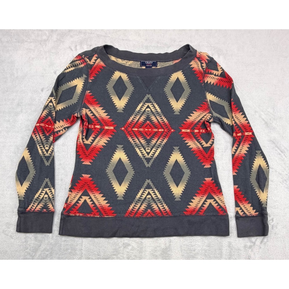 Chaps Womens Waffle Knit Thermal Shirt Southwestern Geometric Boat Neck Petite L